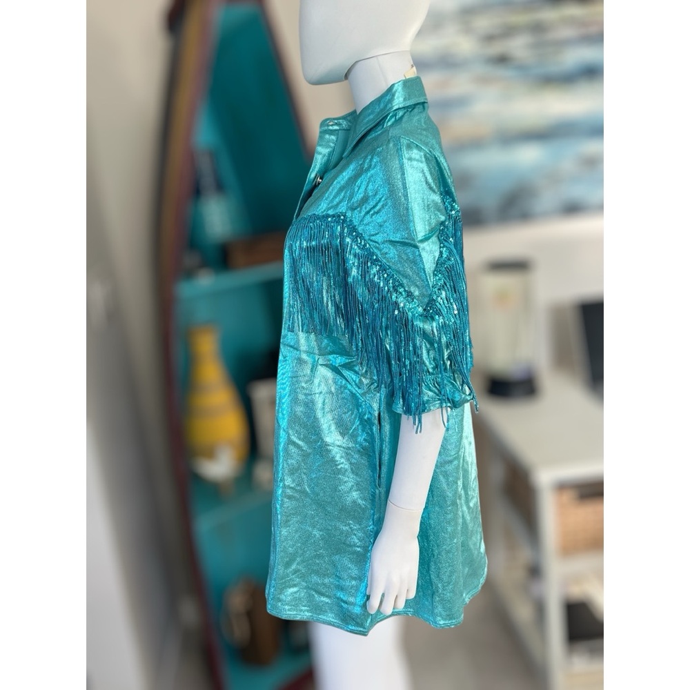 FANTASTIC FAWN Western vibe metallic aqua dress S M L - Picture 3 of 8